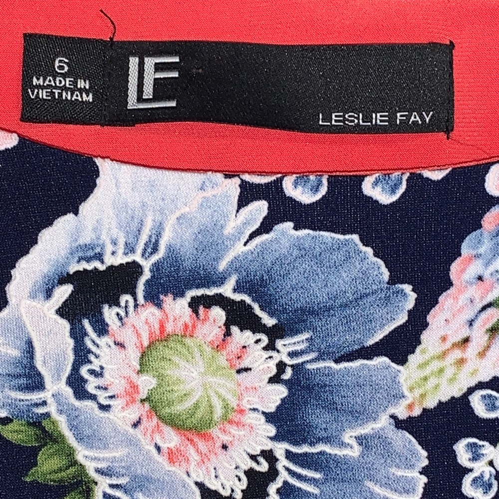 NWT Leslie Fay LF Dress Size 6 blue coral white floral 3/4 bell sleeve‎ A-line